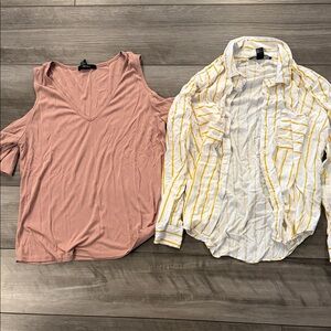 Forever 21 Blush Cold Shoulder Top and White Yellow Striped Shirt